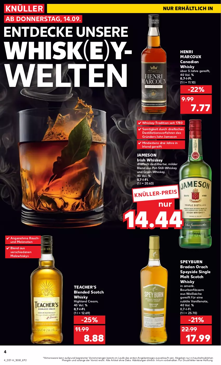 Aktueller Prospekt Kaufland - Extra-Angebote - von 14.09 bis 20.09.2023 - strona 4 - produkty: angebot, blended scotch, blended scotch whisky, bourbon, Canadian Whisky, decke, eis, irish whiskey, jameson, malz, Rauch, scotch, scotch whisky, single malt, Ti, vanille, whiskey, whisky, ZTE