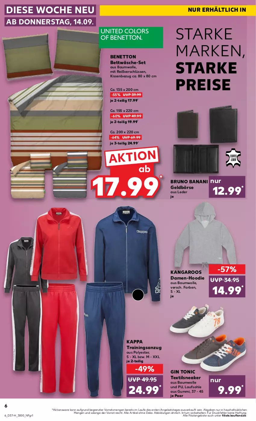 Aktueller Prospekt Kaufland - Extra-Angebote - von 14.09 bis 20.09.2023 - strona 6 - produkty: angebot, angebote, Anzug, Bau, baumwolle, bett, bettwäsche, bruno banani, eis, Geldbörse, gin, kappa, kissen, Kissenbezug, reis, sneaker, Ti, tonic, trainingsanzug, wolle, ZTE