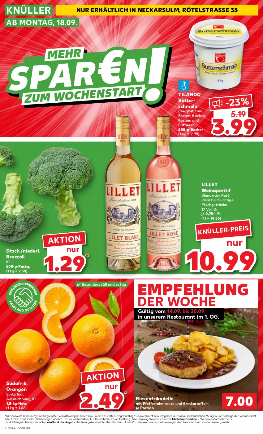 Aktueller Prospekt Kaufland - Extra-Angebote - von 14.09 bis 20.09.2023 - strona 8 - produkty: angebot, angebote, aperitif, Becher, braten, broccoli, butter, Butterschmalz, dell, eis, elle, erde, frucht, getränk, getränke, kartoffel, kartoffeln, lillet, malz, orange, orangen, pfeffer, saft, sauce, Schmalz, senf, Ti, Tiere, wein, ZTE