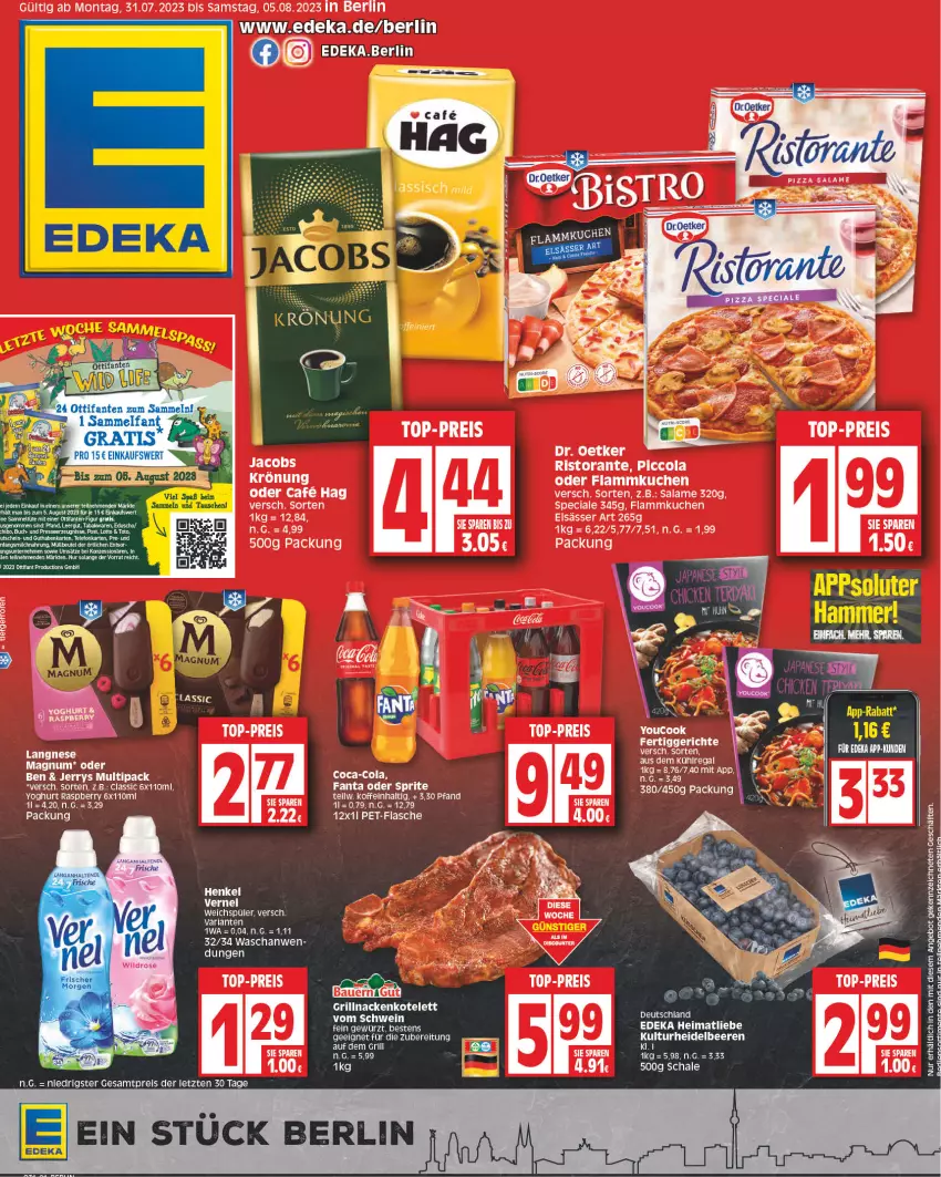 Aktueller Prospekt Edeka - Angebote der Woche - von 31.07 bis 05.08.2023 - strona 1 - produkty: angebot, auer, aus dem kühlregal, Bau, Bauer, brut, buch, coca-cola, cola, deka, Dr. Oetker, eis, fanta, fanta oder, fanta oder sprite, fertiggericht, fertiggerichte, flammkuchen, grill, guthabenkarte, henkel, kotelett, kuchen, kühlregal, lamm, langnese, magnum, oder sprite, raspberry, regal, reis, rel, ristorante, Schal, Schale, schwein, sprite, tee, telefon, Ti, top-preis, Tüte, vernel, weichspüler, wein, Yo, yoghurt, ZTE