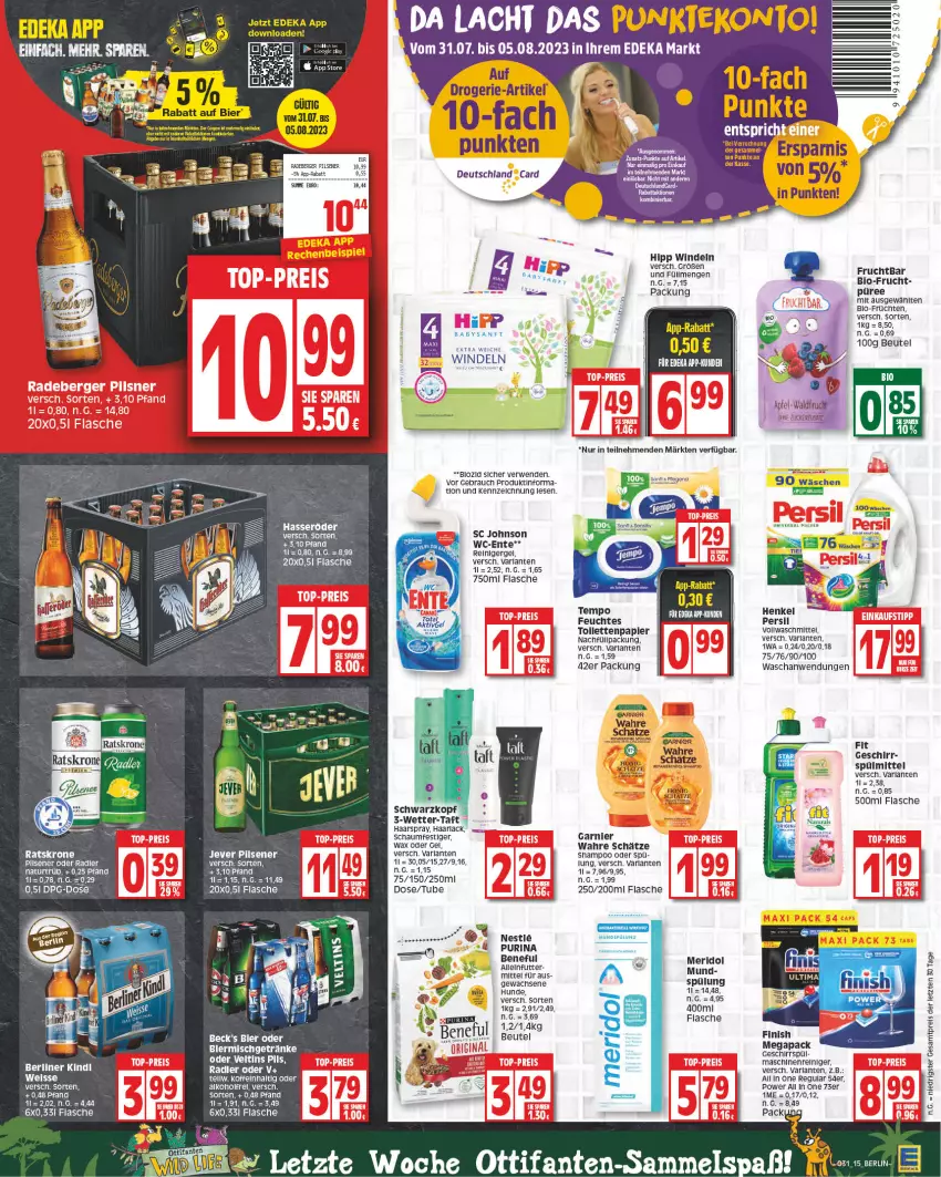 Aktueller Prospekt Edeka - Angebote der Woche - von 31.07 bis 05.08.2023 - strona 15 - produkty: apfel, arla, beck's, Berger, beutel, bier, bio, deka, deutschland card, drogerie-artikel, eis, ente, flasche, frucht, früchte, früchten, garnier, geschirr, getränk, getränke, Haarlack, haarspray, hasseröder, henkel, hipp, honig, jever, jever pilsener, lack, maschinenreiniger, natur, oder radler, persil, pils, pilsener, püree, purina, radeberger, radler, Rauch, reiniger, rwe, schaumfestiger, schwarzkop, schwarzkopf, shampoo, spülmittel, spülung, Taft, tee, Ti, uhu, universal pulver, vollwaschmittel, Wahre Schätze, waschmittel, windeln, ZTE