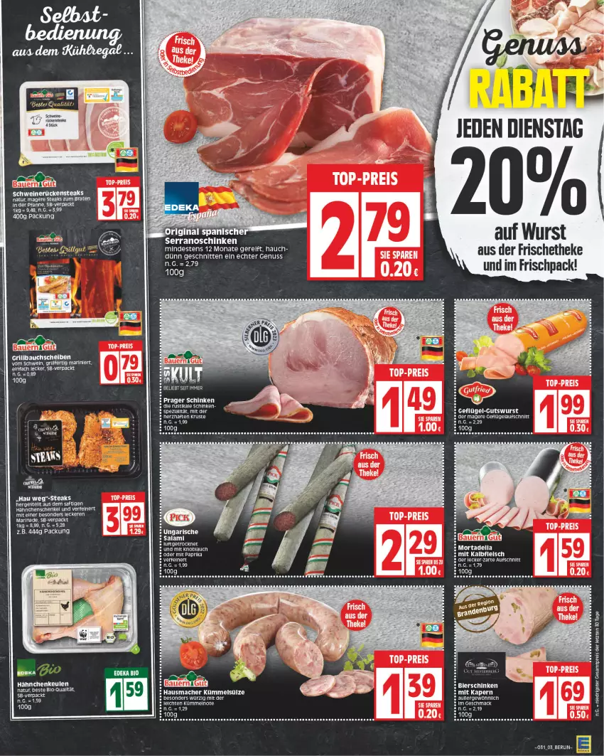 Aktueller Prospekt Edeka - Angebote der Woche - von 31.07 bis 05.08.2023 - strona 3 - produkty: auer, aufschnitt, Bau, Bauer, bio, braten, deka, dell, edeka bio, eis, ente, fleisch, Geflügel, grill, hähnchenschenkel, Hausmacher, henkel, HP, Kalbfleisch, knoblauch, LG, mac, marinade, mit kalbfleisch, mit knoblauch, mit paprika, mortadella, natur, nuss, paprika, pfanne, reis, Rückensteak, rückensteaks, saft, salami, schenkel, schinken, schnitten, schwein, schweine, schweinerücken, serrano, steak, steaks, tee, Ti, top-preis, wein, weine, wurst, ZTE