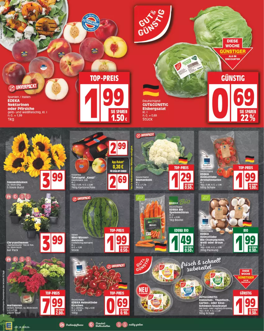 Aktueller Prospekt Edeka - Angebote der Woche - von 31.07 bis 05.08.2023 - strona 6 - produkty: beutel, bio, blume, blumen, blumenkohl, braun, champignon, champignons, deka, edeka bio, eis, eisbergsalat, fisch, hortensie, hortensien, melone, melonen, möhren, oder pfirsiche, pfirsich, pfirsiche, reis, Ria, salat, Schal, Schale, schinken, snack, snacks, sonnenblume, sonnenblumen, speisemöhren, tafeläpfel, tee, thunfisch, Ti, top-preis, topf, wasser, ZTE