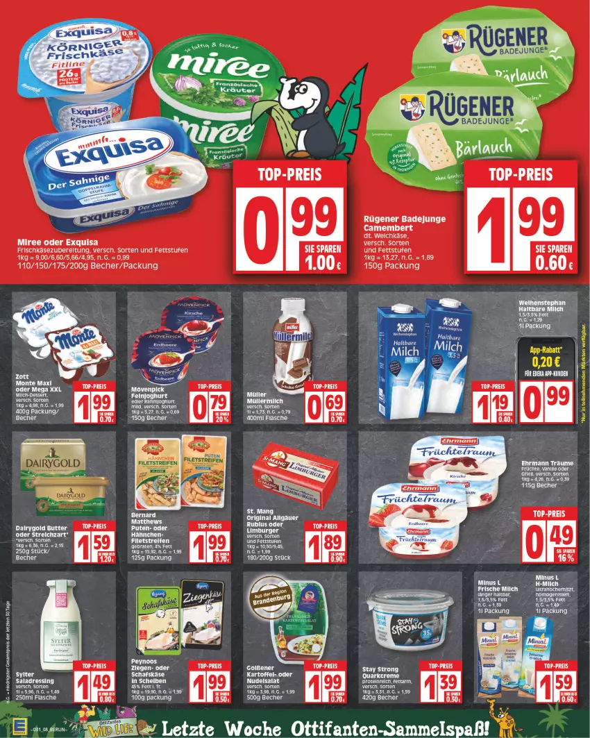 Aktueller Prospekt Edeka - Angebote der Woche - von 31.07 bis 05.08.2023 - strona 8 - produkty: Bad, Becher, braten, burger, butter, camembert, creme, Dairygold, dressing, ehrmann, eis, exquisa, exquisa frischkäse, feinjoghurt, fitline, flasche, frischkäse, früchte, gin, joghur, joghurt, Käse, LG, Limburger, miree, monte, Müller, nudel, nudelsalat, pute, quark, reis, rel, Rubius, Rügener, rügener badejunge, salat, schafskäse, Streichzart, tee, Ti, top-preis, torte, vanille, zott, Zott Monte, ZTE