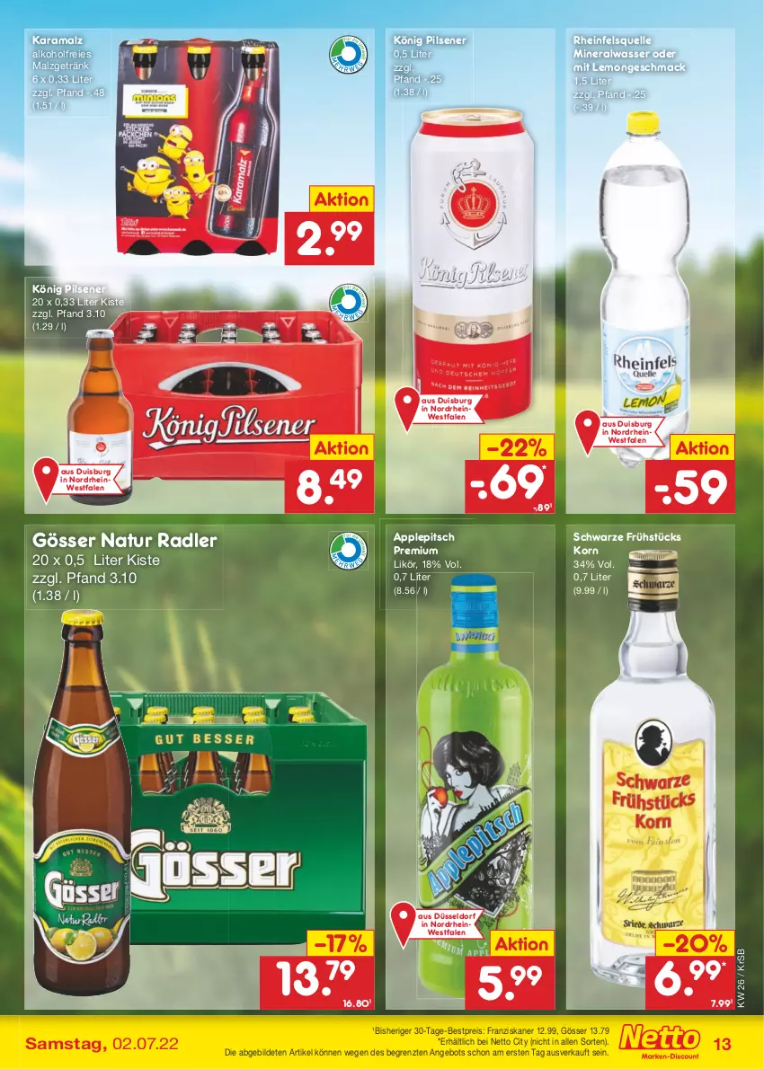 Aktueller Prospekt Netto Marken-Discount - Filial-Angebote - von 27.06 bis 02.07.2022 - strona 13 - produkty: alkohol, Alwa, angebot, Apple, bestpreis, eis, elle, franziskaner, getränk, gösser, karamalz, könig pilsener, korn, likör, mac, malz, mineralwasser, natur, natur radler, pils, pilsener, radler, rama, reis, Ti, wasser, ZTE