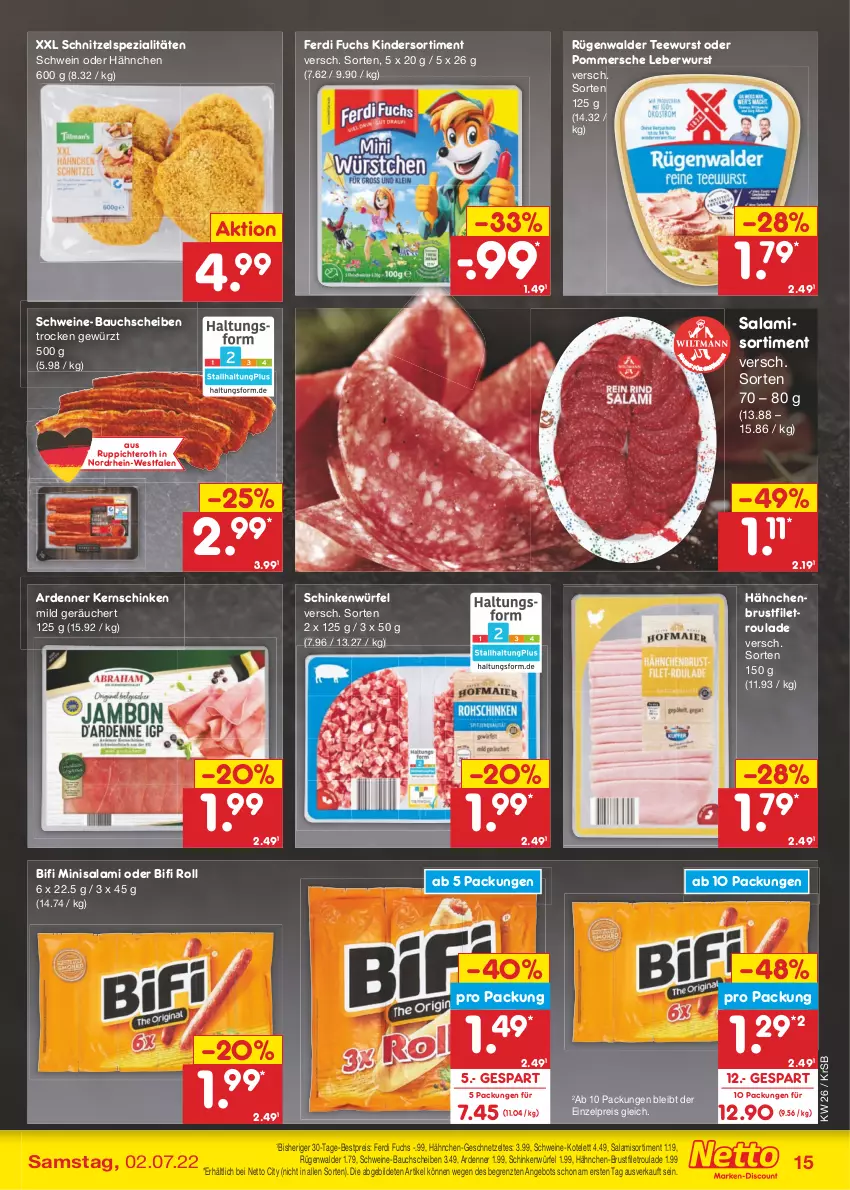 Aktueller Prospekt Netto Marken-Discount - Filial-Angebote - von 27.06 bis 02.07.2022 - strona 15 - produkty: angebot, Bau, bauchscheiben, bestpreis, bifi, brustfilet, eis, ferdi fuchs, filet, geschnetzeltes, gewürz, hähnchen-brustfilet, hähnchenbrust, hähnchenbrustfilet, kernschinken, Kinder, kotelett, leberwurst, Pommersche, reis, rügenwalder, salami, schinken, schnitzel, schwein, schweine, schweine-bauch, schweine-bauchscheiben, Spezi, tee, teewurst, Ti, wein, weine, würfel, wurst, Zelt, ZTE