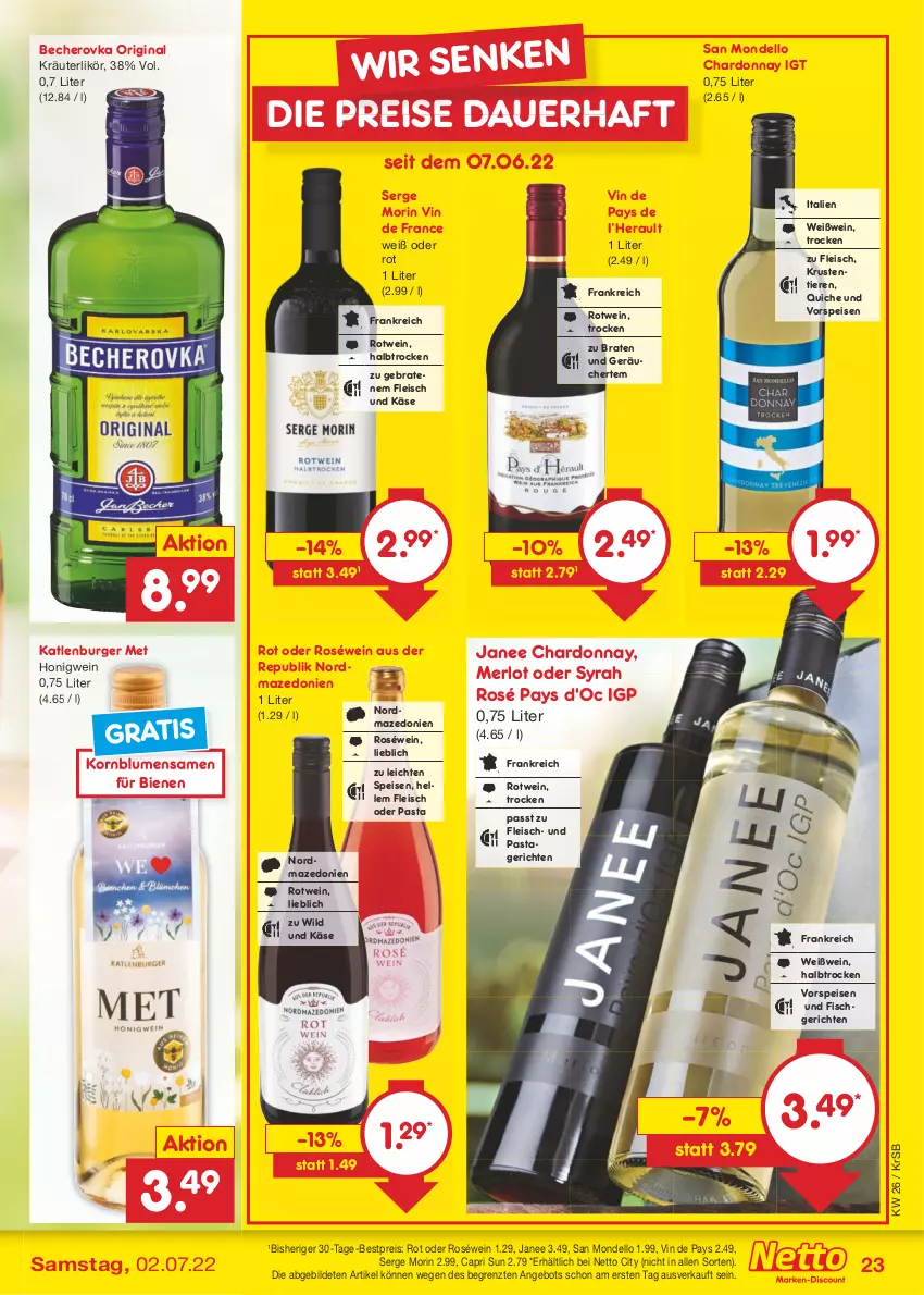 Aktueller Prospekt Netto Marken-Discount - Filial-Angebote - von 27.06 bis 02.07.2022 - strona 23 - produkty: angebot, auer, Becher, Becherovka, bestpreis, blume, blumen, braten, burger, Cap, chardonnay, dell, eis, elle, fisch, fleisch, gin, hero, honig, Käse, katlenburger, korn, kräuter, kräuterlikör, likör, merl, merlot, pasta, Pastagericht, Quiche, reis, roséwein, rotwein, Ti, Tiere, vin de france, vorspeise, wein, Weißwein, Wild, ZTE