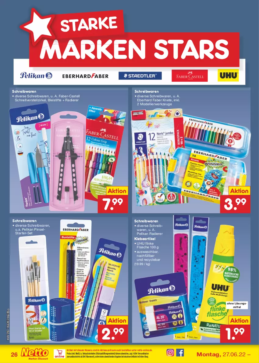 Aktueller Prospekt Netto Marken-Discount - Filial-Angebote - von 27.06 bis 02.07.2022 - strona 26 - produkty: Bleistift, bleistifte, dell, eberhard faber, eis, flasche, Flinke Flasche, Mode, ndk, pelikan, Pinsel, reis, rwe, schreibwaren, stifte, Ti, uhu, versandkostenfrei, werkzeug, werkzeuge