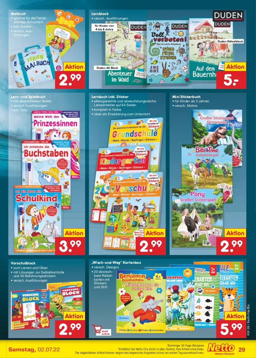 Aktueller Prospekt Netto Marken-Discount - Filial-Angebote - von 27.06 bis 02.07.2022 - strona 29 - produkty: angebot, bestpreis, buch, eis, Kinder, Malbuch, reis, rwe, Schulblock, Stickerbuch, Ti, ZTE