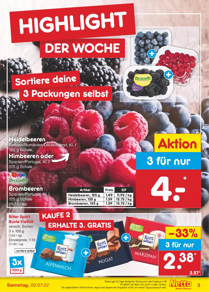 Aktueller Prospekt Netto Marken-Discount - Filial-Angebote - von 27.06 bis 02.07.2022 - strona 3 - produkty: angebot, auer, beere, beeren, bestpreis, bockwurst, brombeere, brombeeren, eis, heidelbeere, heidelbeeren, himbeer, himbeere, himbeeren, krakauer, reis, ritter, ritter sport, rum, Schal, Schale, Sport, Ti, Tiere, wurst, ZTE