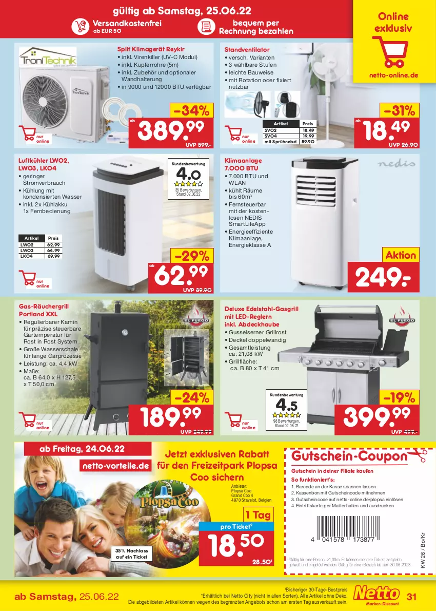 Aktueller Prospekt Netto Marken-Discount - Filial-Angebote - von 27.06 bis 02.07.2022 - strona 31 - produkty: abdeckhaube, akku, angebot, Bau, bestpreis, coupon, decke, Deckel, edelstahl, eis, ente, erde, fernbedienung, gasgrill, grill, grillfläche, grillrost, gutschein, Kamin, klimagerät, kühlakku, LG, ndk, Rauch, reis, Ria, ring, Schal, Schale, standventilator, Ti, ventilator, versandkostenfrei, wandhalterung, wasser, ZTE