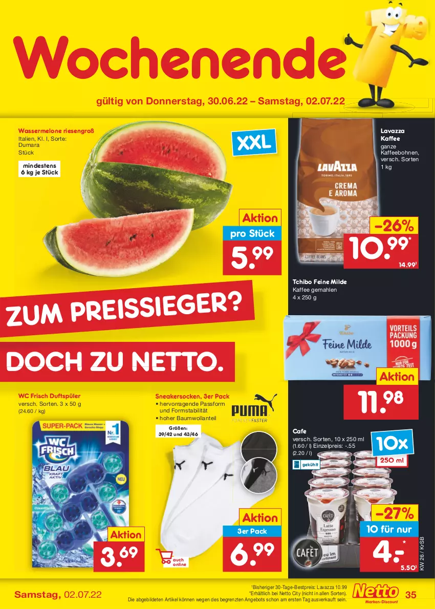 Aktueller Prospekt Netto Marken-Discount - Filial-Angebote - von 27.06 bis 02.07.2022 - strona 35 - produkty: angebot, Bau, bestpreis, bohne, bohnen, eis, kaffee, kaffeebohnen, lavazza, melone, reis, sneaker, sneakersocken, socken, Tchibo, Ti, wasser, wassermelone, wc frisch, ZTE