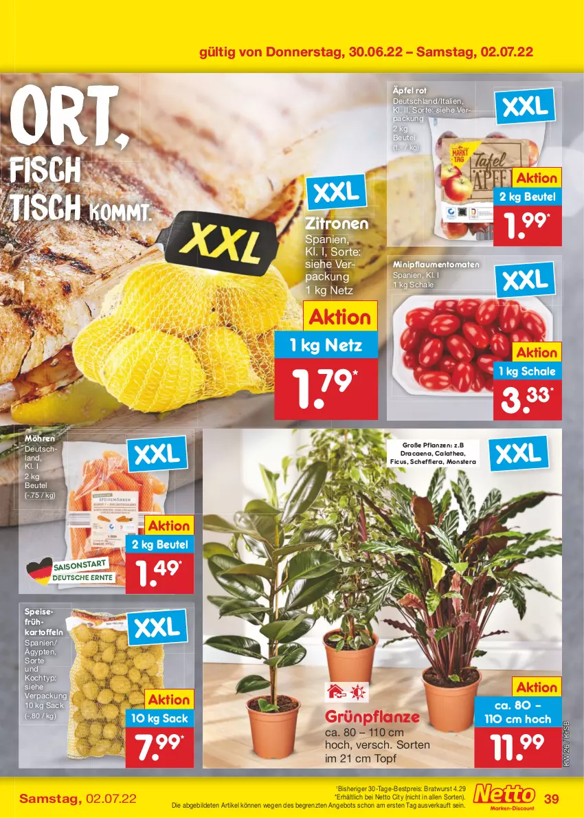 Aktueller Prospekt Netto Marken-Discount - Filial-Angebote - von 27.06 bis 02.07.2022 - strona 39 - produkty: angebot, bestpreis, beutel, bratwurst, eis, Ficus, fisch, Frühkartoffeln, kartoffel, kartoffeln, möhren, monster, Monstera, pflanze, pflanzen, pflaume, pflaumen, reis, sac, Schal, Schale, speisefrühkartoffeln, Thea, Ti, tisch, tomate, tomaten, topf, wurst, zitrone, zitronen, ZTE