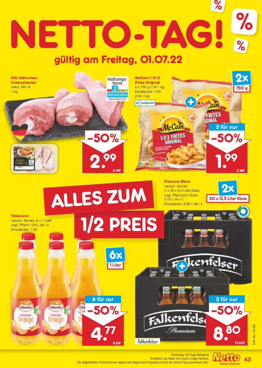 Aktueller Prospekt Netto Marken-Discount - Filial-Angebote - von 27.06 bis 02.07.2022 - strona 43 - produkty: angebot, bestpreis, bier, Biere, eis, gin, henkel, mccain, natur, reis, schenkel, Ti, valensina, ZTE