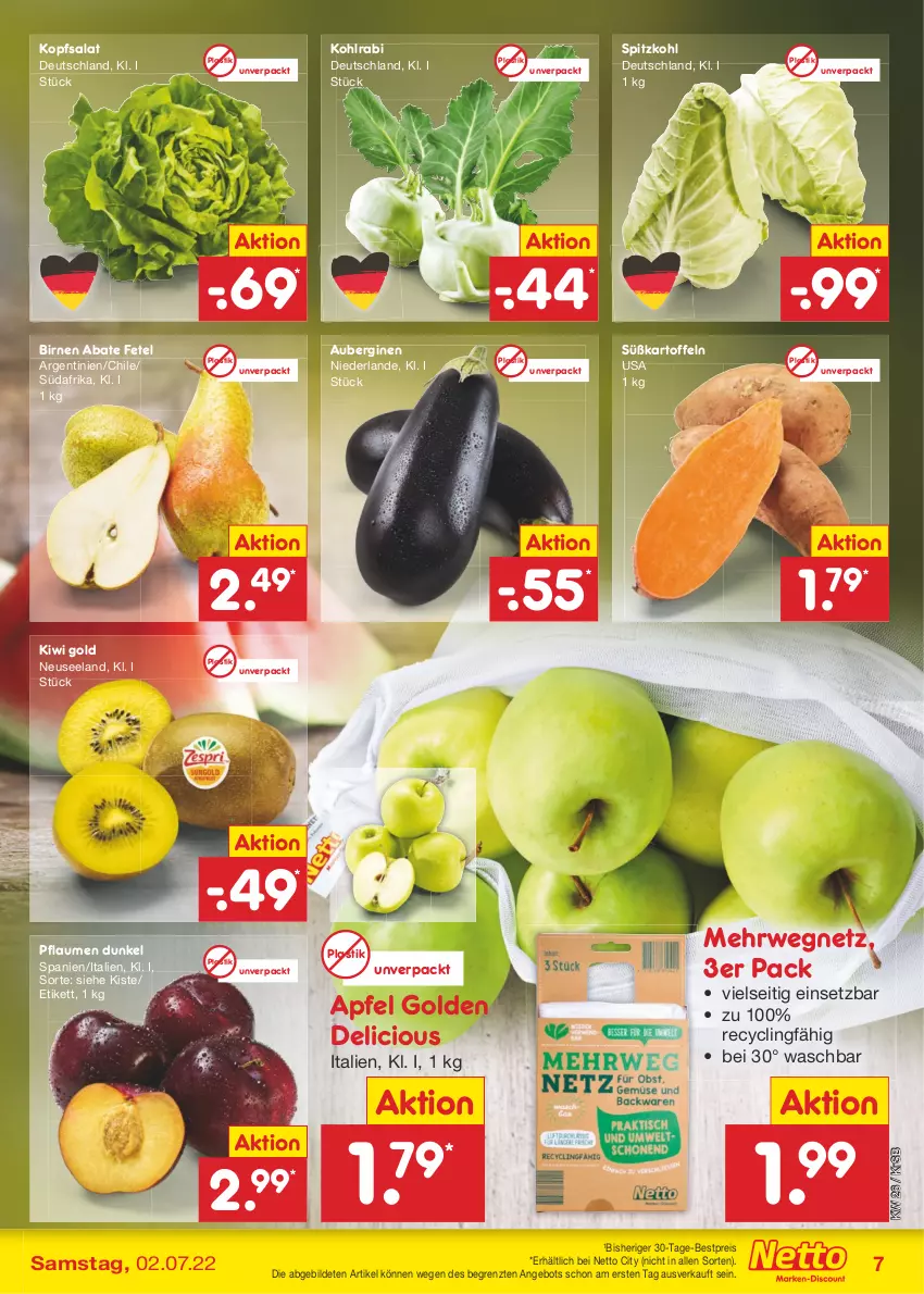 Aktueller Prospekt Netto Marken-Discount - Filial-Angebote - von 27.06 bis 02.07.2022 - strona 7 - produkty: angebot, apfel, asti, aubergine, auberginen, bestpreis, Birnen, Clin, eis, Elan, gin, kartoffel, kartoffeln, kiwi, Kiwi Gold, kohlrabi, kopfsalat, pflaume, pflaumen, reis, rwe, salat, spitzkohl, Süßkartoffeln, Ti, ZTE