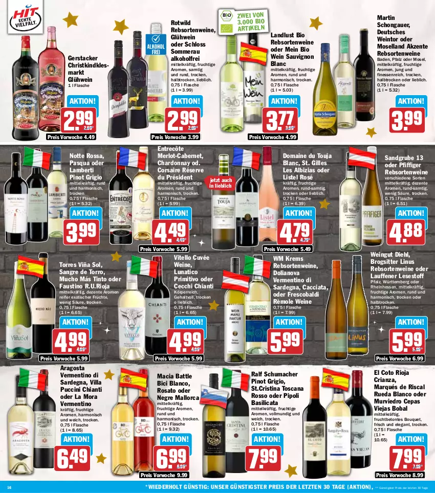 Aktueller Prospekt Hit - Wochenprospekt - von 08.12 bis 13.12.2025 - strona 16 - produkty: ACC, aldi, alkohol, Amber, auer, aust, Bad, bio, cabernet, chardonnay, chia, chianti, cin, Corsaire, cuvée, eis, ente, entrecôte, finesse, flasche, frucht, früchte, Glühwein, mac, merl, merlot, moselland, ndk, Pinot, pinot grigio, primitivo, rebsortenweine, reis, Ria, rioja, rosato, sauvignon, sauvignon blanc, Ti, tisch, wein, weine, Wild, ZTE