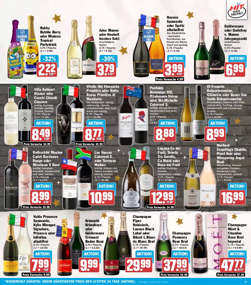 Aktueller Prospekt Hit - Wochenprospekt - von 08.12 bis 13.12.2025 - strona 17 - produkty: alkohol, auer, Bad, Bau, Bauer, black label, brut, cabernet, cassis, champagne, chia, chianti, classico, drink, ecco, eis, elle, finesse, flasche, frucht, früchte, früchten, geldermann, Glühwein, henkel, henkell, Henkell Trocken, jahrgangssekt, jules mumm, kraft, lack, mumm, natur, Pinot, pinot noir, primitivo, prosecco, puma, rebsortenweine, reis, rel, Ria, ring, robby, rouge, sekt, spumante, Ti, valdo, wein, weine, ZTE