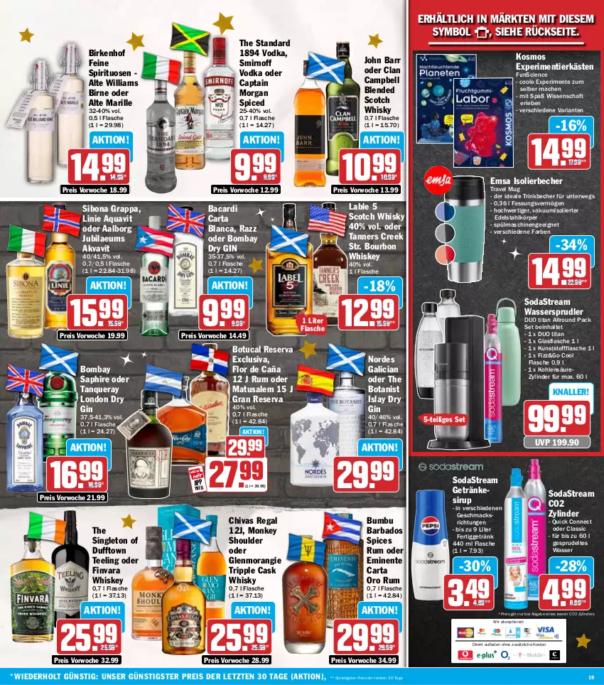 Aktueller Prospekt Hit - Wochenprospekt - von 08.12 bis 13.12.2025 - strona 19 - produkty: Aalborg, aqua, aquavit, bacardi, Bad, Becher, blended scotch, blended scotch whisky, Bona, bourbon, bourbon whiskey, Bumbu, Cap, captain morgan, Cien, dry gin, edelstahl, eis, emsa, ente, flasche, getränk, getränke, getränkesirup, gin, glasflasche, grappa, isolierbecher, John Barr, london dry, london dry gin, mac, Matusalem, regal, reis, Ria, rum, rwe, scotch, scotch whisky, sirup, smirnoff, Soda, sodastream, spirituosen, Sprudel, spülmaschinen, Tanqueray, tee, Ti, Tiere, travel mug, trinkbecher, tuc, vodka, wasser, wassersprudler, whiskey, whisky, Williams Birne, ZTE