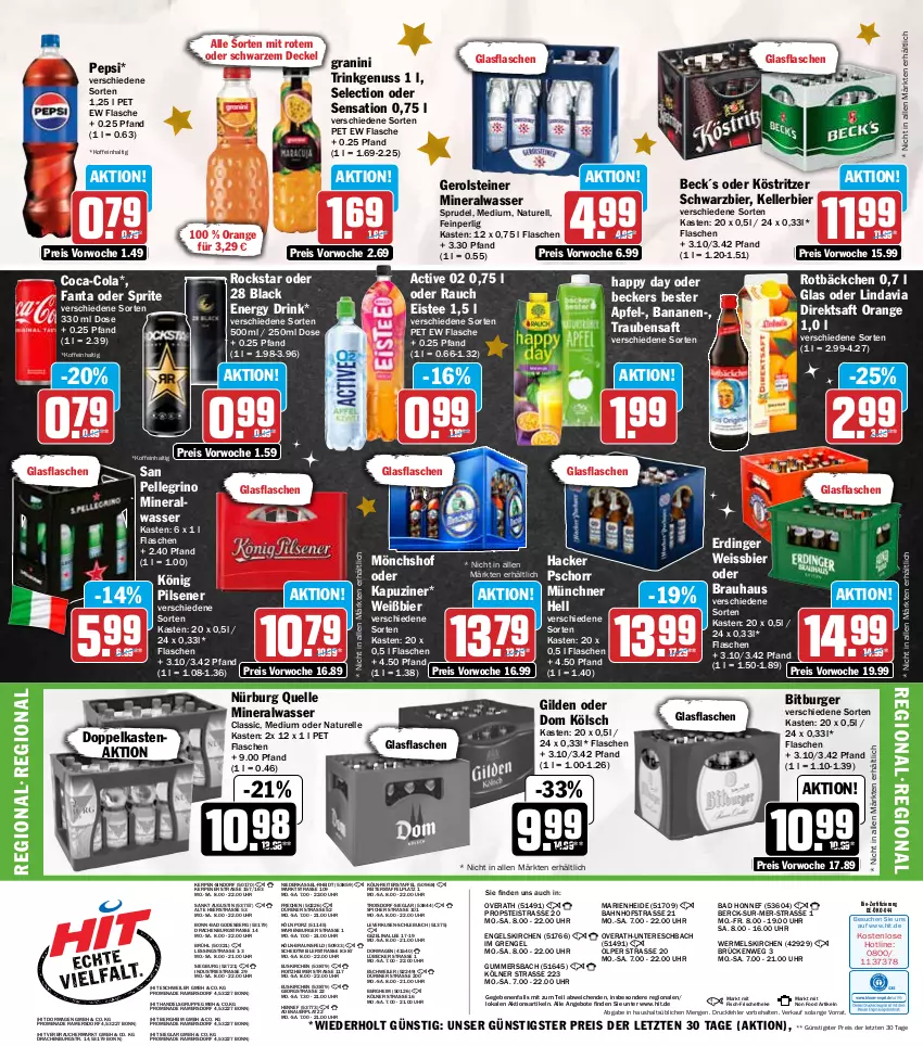 Aktueller Prospekt Hit - Wochenprospekt - von 08.12 bis 13.12.2025 - strona 23 - produkty: Alwa, angebot, angebote, apfel, auer, Bad, banane, bananen, Beckers Bester, bier, bio, bitburger, braun, burger, coca-cola, cola, decke, Deckel, direktsaft, drink, eimer, eis, eistee, elle, energy drink, Engel, erdinger, fanta, fanta oder, fanta oder sprite, fisch, flasche, gerolsteine, gerolsteiner, glasflasche, granini, hacker pschorr, Happy Day, kellerbier, könig pilsener, köstritzer, lack, Lübecker, mineralwasser, mönchshof, natur, nuss, oder sprite, orange, pepsi, pils, pilsener, Rauch, reis, rel, Rockstar, saft, san pellegrino, sprite, Sprudel, steiner, tee, Ti, trauben, Traubensaft, uhr, wasser, weissbier, ZTE