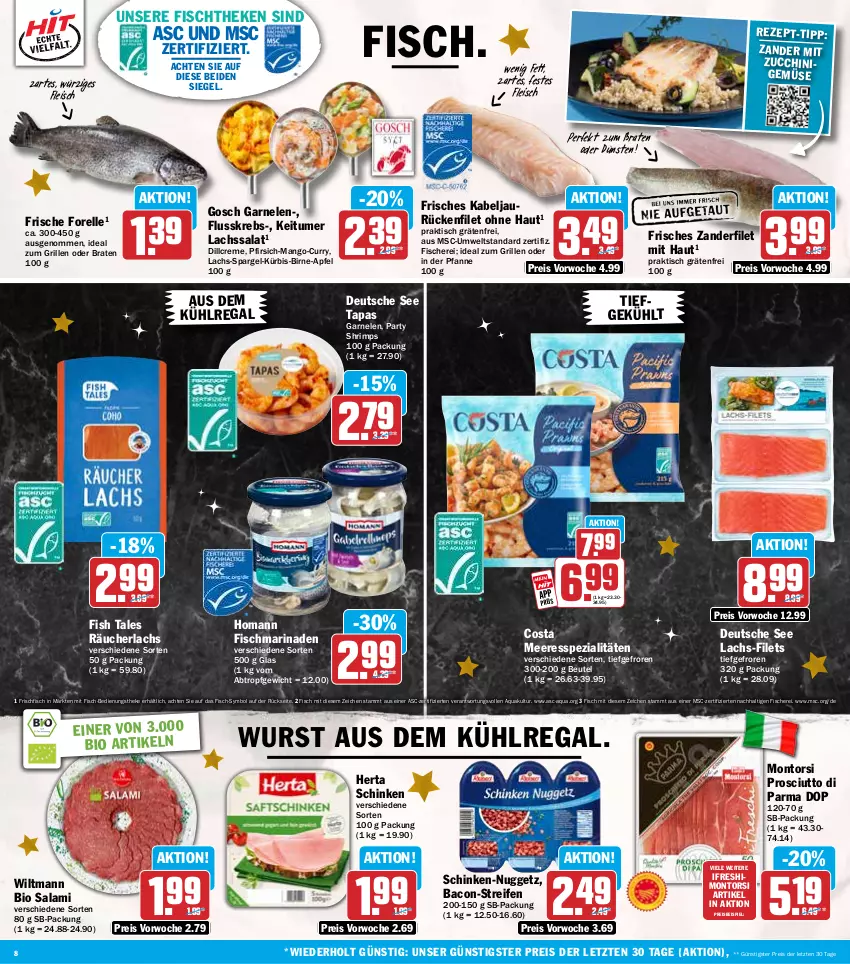 Aktueller Prospekt Hit - Wochenprospekt - von 08.12 bis 13.12.2025 - strona 8 - produkty: apfel, aqua, aus dem kühlregal, bacon, beutel, bio, braten, creme, curry, eis, elle, filet, filets, fisch, fische, Fischer, fischtheke, fleisch, forelle, frischfisch, garnelen, grill, herta, homann, ideal zum grillen, Krebs, kühlregal, Kürbis, lachs, mango, marinade, montorsi, pfanne, pfirsich, prosciutto, Prosciutto di Parma, Räucherlachs, regal, reifen, reis, rel, salami, salat, Schere, schinken, spargel, Spezi, Tapas, Ti, tisch, wiltmann, wurst, Zander, ZTE, zucchini