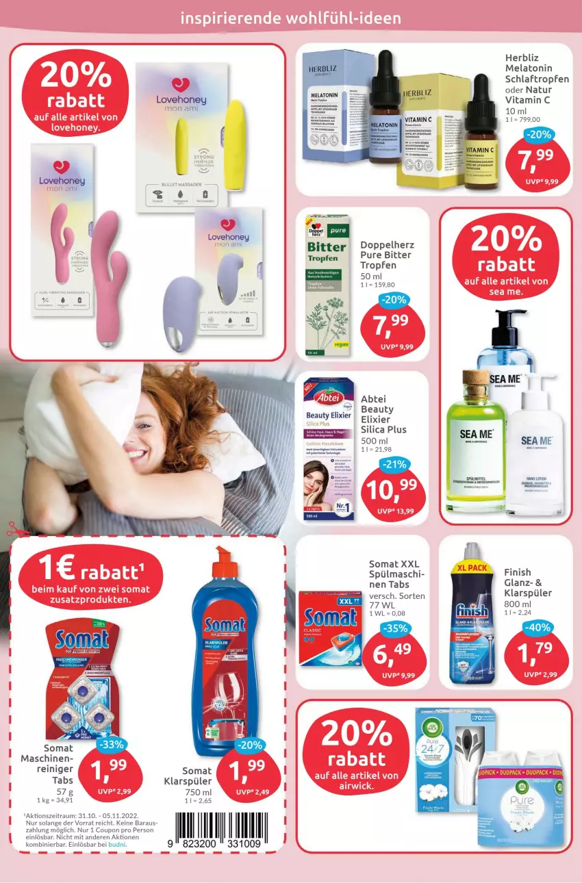 Aktueller Prospekt Budni - Prospekte - von 31.10 bis 05.11.2022 - strona 10 - produkty: Abtei, ball, coupon, doppelherz, elle, Finish, klarspüler, Liposomal, Lotion, Mattel, natur, reiniger, somat, tee, Ti, vita, Vitamin C