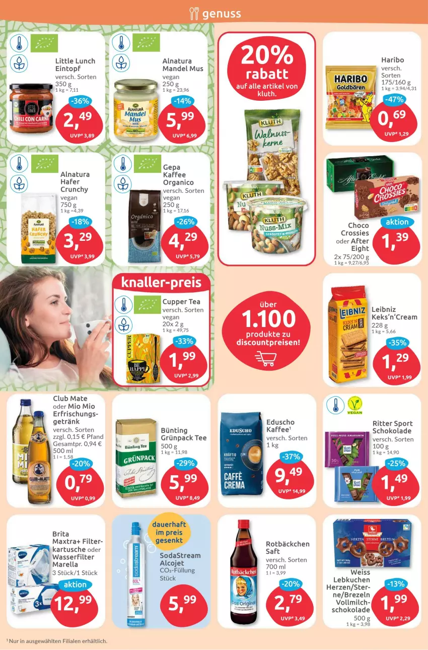 Aktueller Prospekt Budni - Prospekte - von 31.10 bis 05.11.2022 - strona 6 - produkty: after eight, auer, brezel, Brezeln, brita, caffe, crossies, eduscho, eintopf, eis, getränk, hafer, haribo, kaffee, keks, kuchen, Lebkuchen, leibniz, mandel, Maxtra, milch, Mio Mio, natur, natura, reis, rel, ritter, ritter sport, saft, schoko, schokolade, Soda, sodastream, Sport, tee, Ti, topf, vollmilch, wasser, wasserfilter