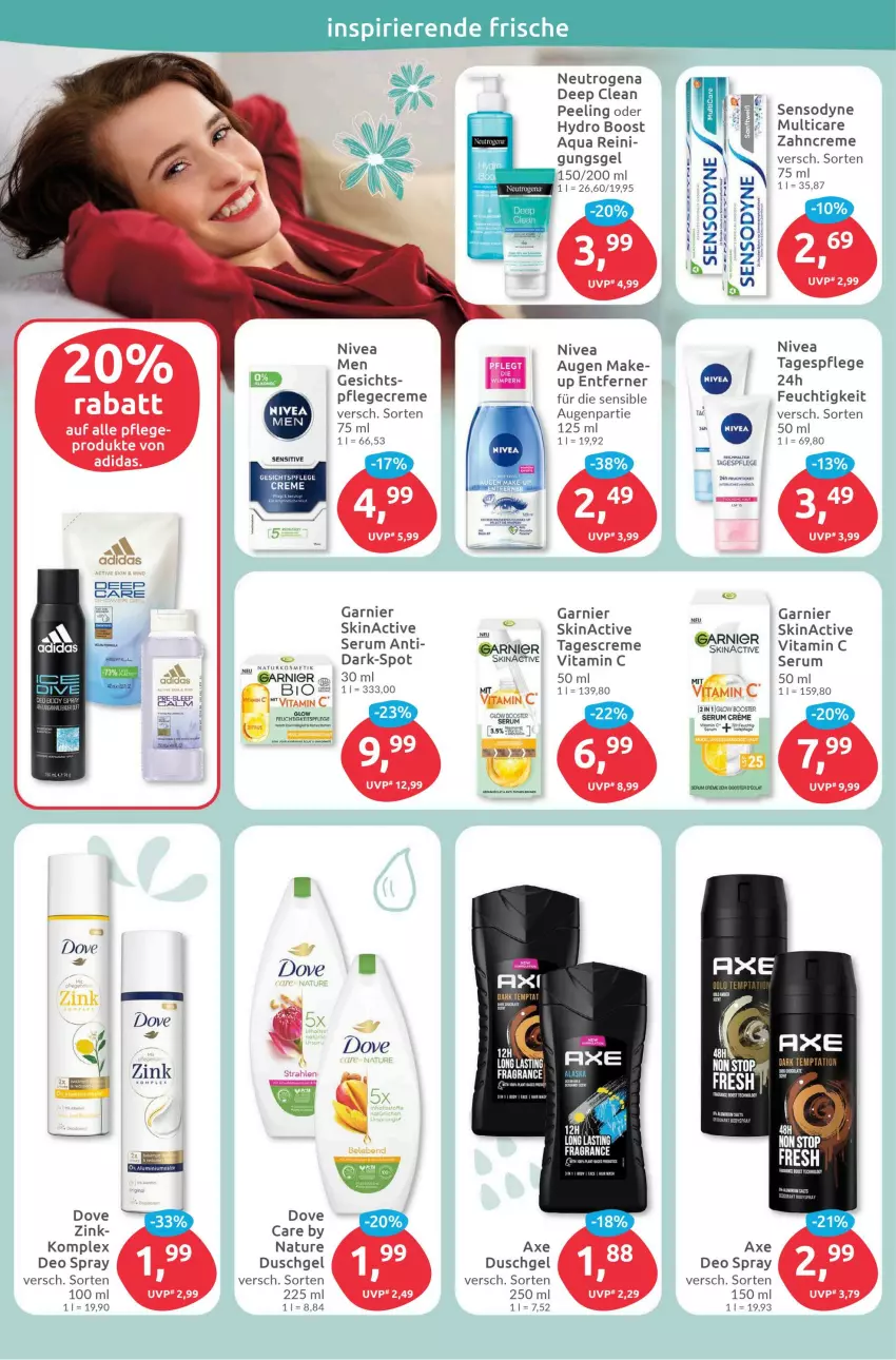 Aktueller Prospekt Budni - Prospekte - von 31.10 bis 05.11.2022 - strona 8 - produkty: Adidas, aqua, asti, axe, axe duschgel, bio, creme, deo, deo spray, dove, duschgel, eis, ente, frucht, garnier, gesichtspflege, natur, neutrogena, nivea, Nivea Men, Peeling, Pflegecreme, rum, sensodyne, Serum, tagescreme, Tagespflege, Ti, vita, Vitamin C, zahncreme