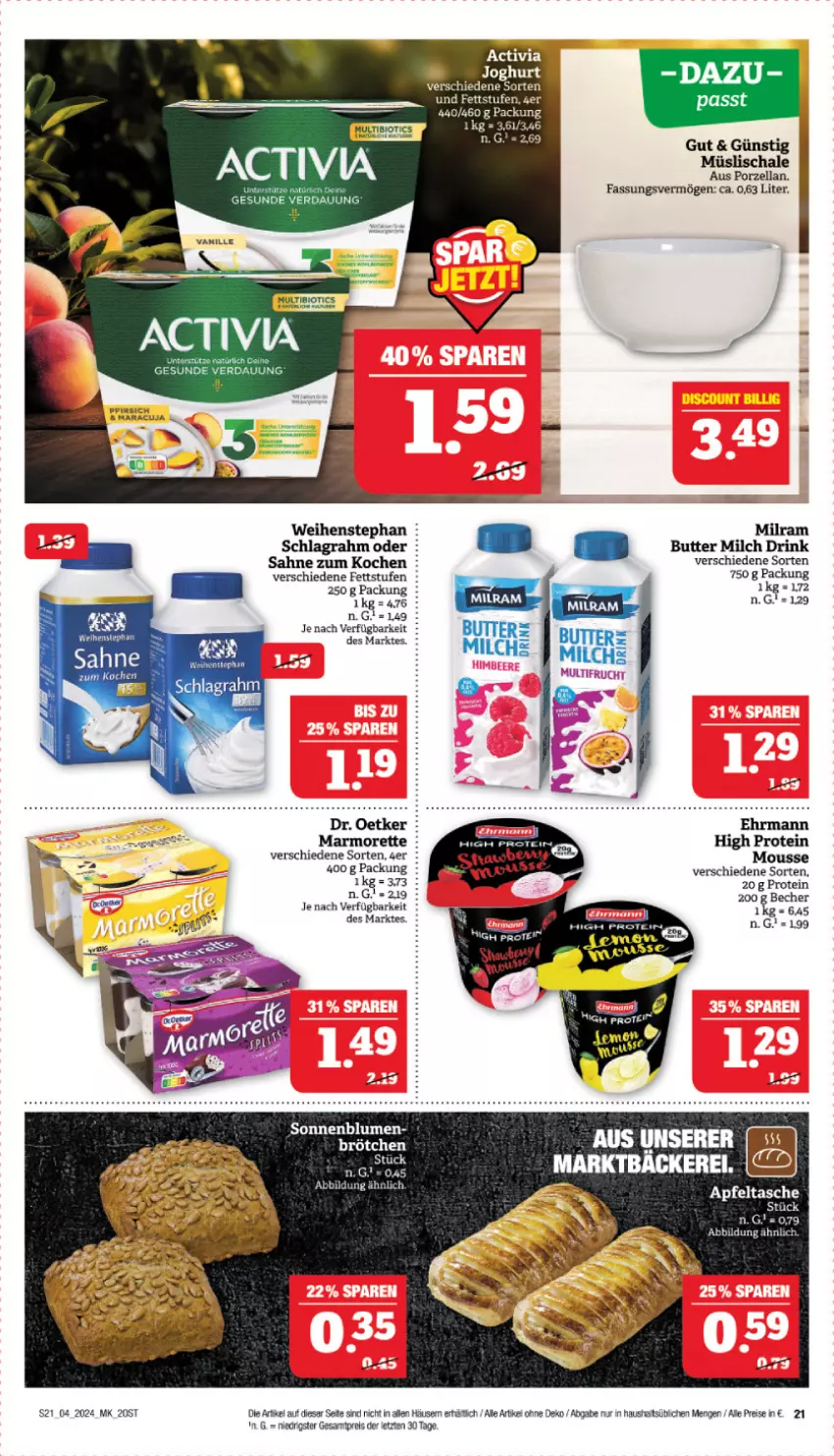 Aktueller Prospekt Marktkauf - Prospekt - von 21.01 bis 27.01.2024 - strona 21 - produkty: activia, activia joghurt, apfel, Apfeltasche, Becher, bio, blume, blumen, brötchen, butter, drink, eis, joghur, joghurt, maracuja, marmorette, milch, milram, müsli, Müslischale, nuss, pfirsich, reis, sahne, Schal, Schale, schlagrahm, sonnenblume, sonnenblumen, Tasche, tee, Ti, weihenstephan, ZTE