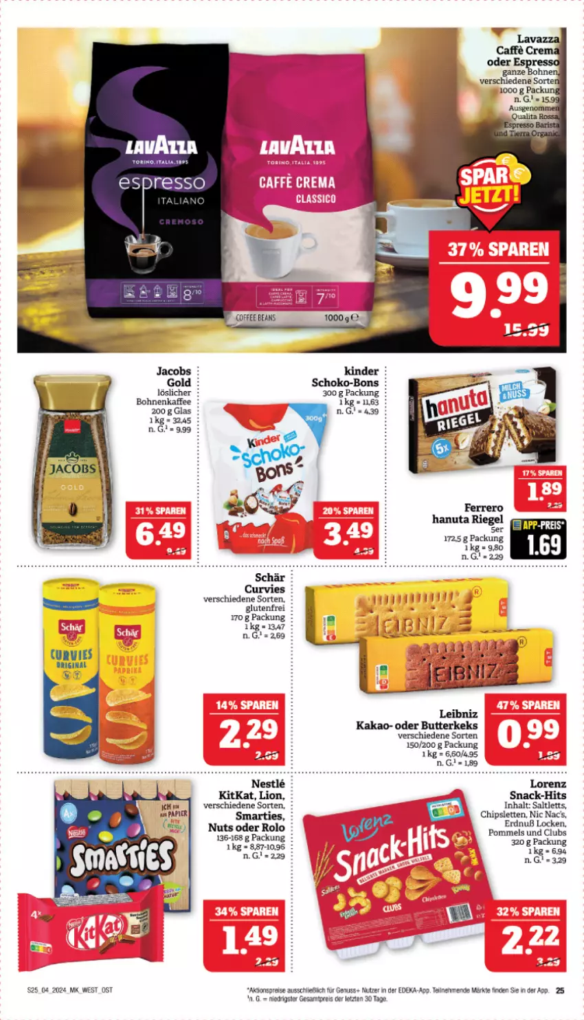 Aktueller Prospekt Marktkauf - Prospekt - von 21.01 bis 27.01.2024 - strona 25 - produkty: aktionspreis, bohne, bohnen, bohnenkaffee, butter, butterkeks, chips, deka, eis, ferrero, gin, hanuta, jacobs, kaffee, kakao, keks, Kinder, kitkat, leibniz, lion, lorenz, nic nac's, nuss, reis, riegel, saltletts, schoko, schoko-bons, smarties, snack, Ti, ZTE