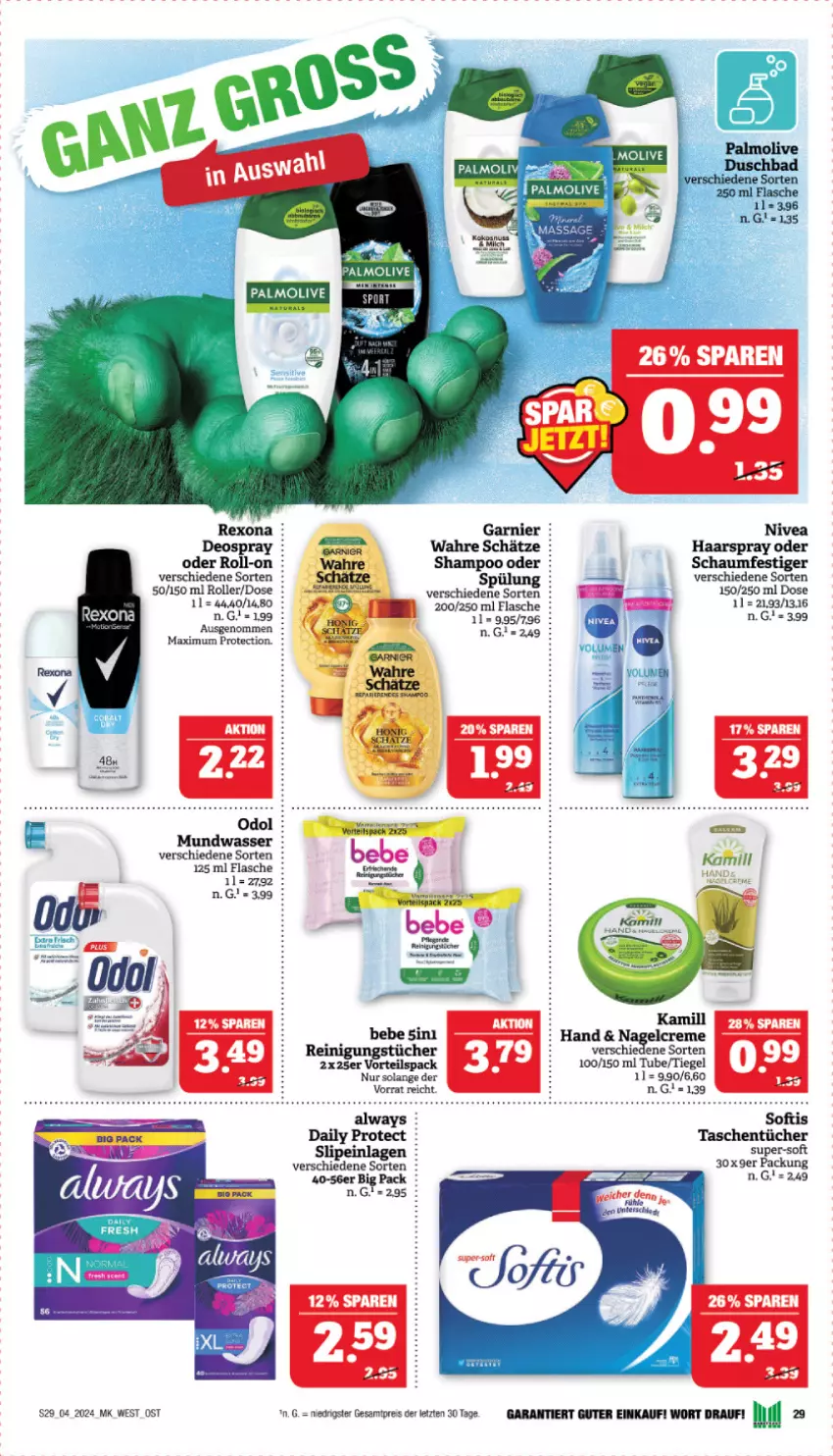 Aktueller Prospekt Marktkauf - Prospekt - von 21.01 bis 27.01.2024 - strona 29 - produkty: Alwa, Always, Bebe, creme, deo, deospray, eis, flasche, garnier, haarspray, Kamill, mundwasser, nivea, reis, rexona, roll-on, Roller, schaumfestiger, shampoo, slip, spülung, Tasche, taschen, taschentücher, Ti, tücher, Wahre Schätze, wasser, ZTE