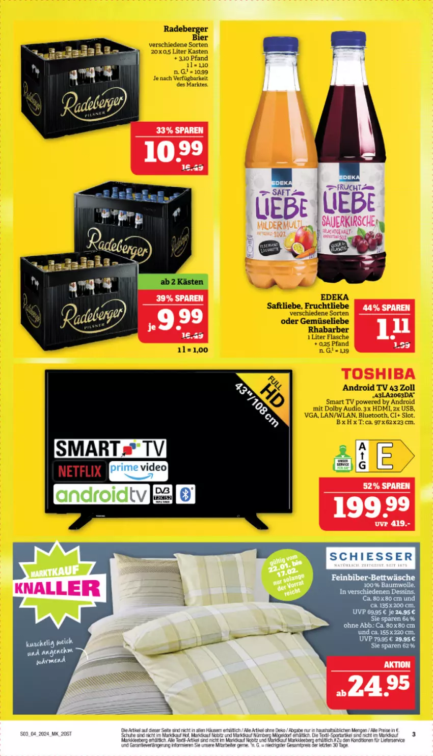 Aktueller Prospekt Marktkauf - Prospekt - von 21.01 bis 27.01.2024 - strona 3 - produkty: Android TV, Bau, baumwolle, Berger, bett, bettwäsche, bier, deka, eis, flasche, frucht, HDMI, lieferservice, radeberger, reis, rhabarber, saft, schuhe, smart tv, Sport, Ti, usb, wolle, ZTE