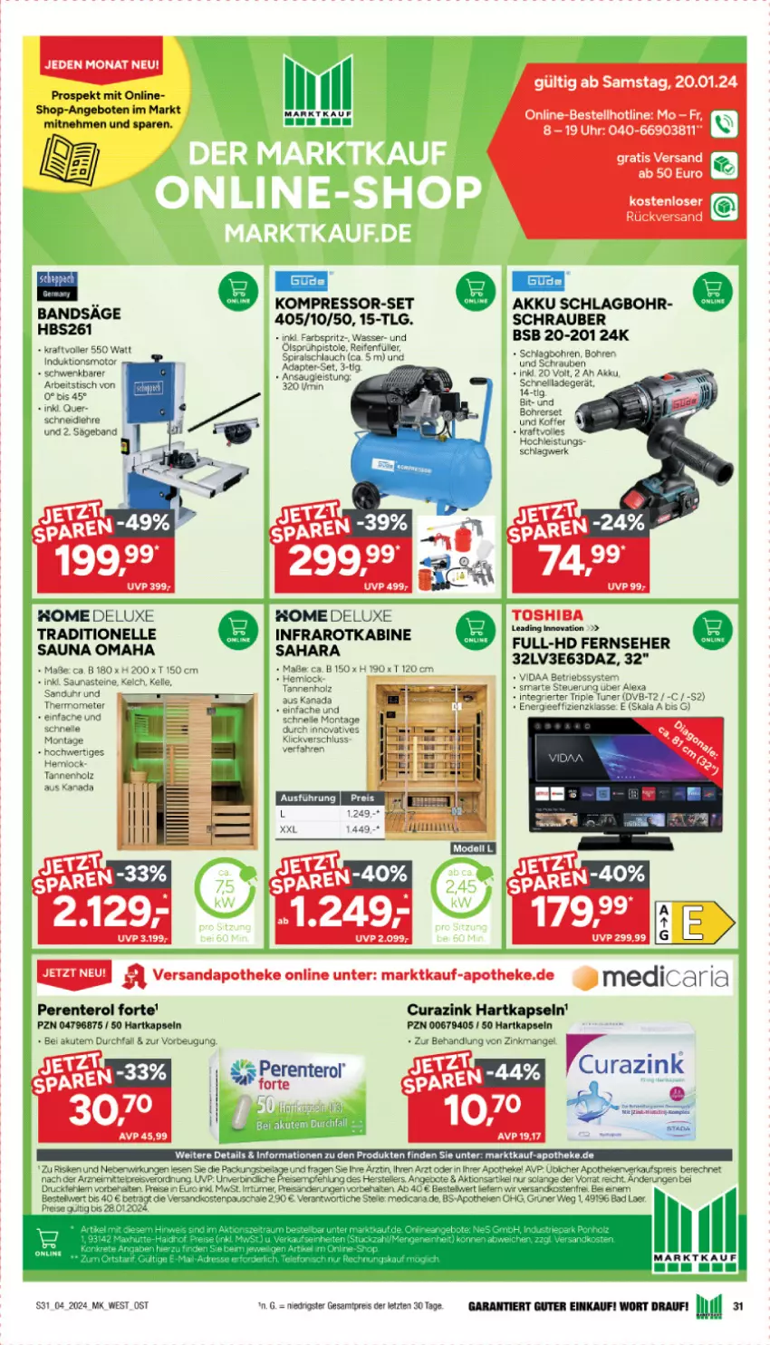 Aktueller Prospekt Marktkauf - Prospekt - von 21.01 bis 27.01.2024 - strona 31 - produkty: akku, angebot, angebote, Apotheke, Bad, Bohrerset, caria, Curazink, eis, elle, ente, fernseher, Hefe, Holz, HP, ilag, koffer, kompressor, kraft, ladegerät, LG, ndk, Perenterol, reifen, reis, Ria, säge, Schal, Schale, schlauch, schnellladegerät, schrauben, Sprühpistole, teller, Ti, tisch, toshiba, uhr, wasser, ZTE