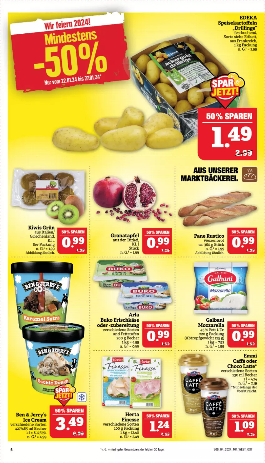 Aktueller Prospekt Marktkauf - Prospekt - von 21.01 bis 27.01.2024 - strona 6 - produkty: apfel, arla, arla buko, Becher, brot, Buko, caffe, deka, eis, frischkäse, grana, granatapfel, herta, kartoffel, kartoffeln, Käse, kiwi, latte, mozzarella, Rana, reis, rel, speisekartoffeln, Ti, Weizenbrot, ZTE