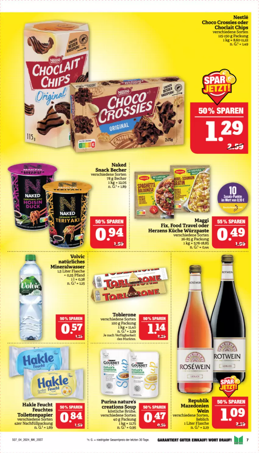 Aktueller Prospekt Marktkauf - Prospekt - von 21.01 bis 27.01.2024 - strona 7 - produkty: Becher, Brühe, chips, choclait chips, choco crossies, crossies, eis, flasche, hakle, küche, natur, papier, purina, reis, Ti, toblerone, toilettenpapier, ZTE