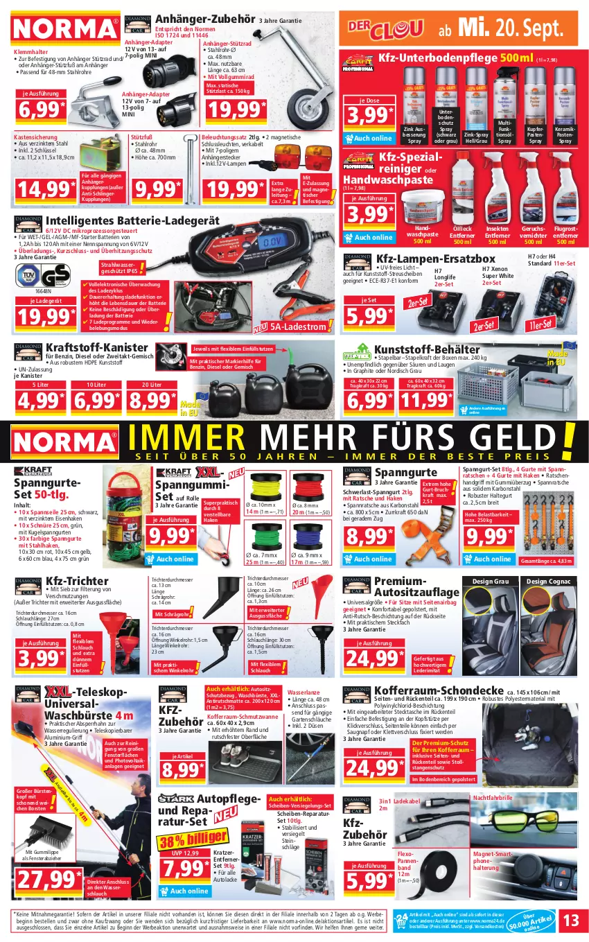 Aktueller Prospekt Norma - Norma - von 18.09 bis 25.09.2023 - strona 13 - produkty: adapter, Alwa, Anhänger, auer, auto, batterie, batterien, Bebe, Behälter, beleuchtung, Brei, Brille, bürste, bürsten, Cognac, decke, deka, Diesel, eis, Elektro, elle, ente, erde, fenster, Garten, gin, HP, Intel, koffer, kopfstütze, kraft, Kugel, lack, Lacke, ladegerät, ladekabel, Lampe, Leuchte, leuchten, LG, longlife, messer, ndk, reiniger, reis, Ria, rwe, schlauch, schläuche, sekt, Sitzauflage, smartphone, Spezi, Tasche, Teleskop, Ti, tisch, topf, überhitzungsschutz, usb, Wanne, wasser, Wasserschlauch