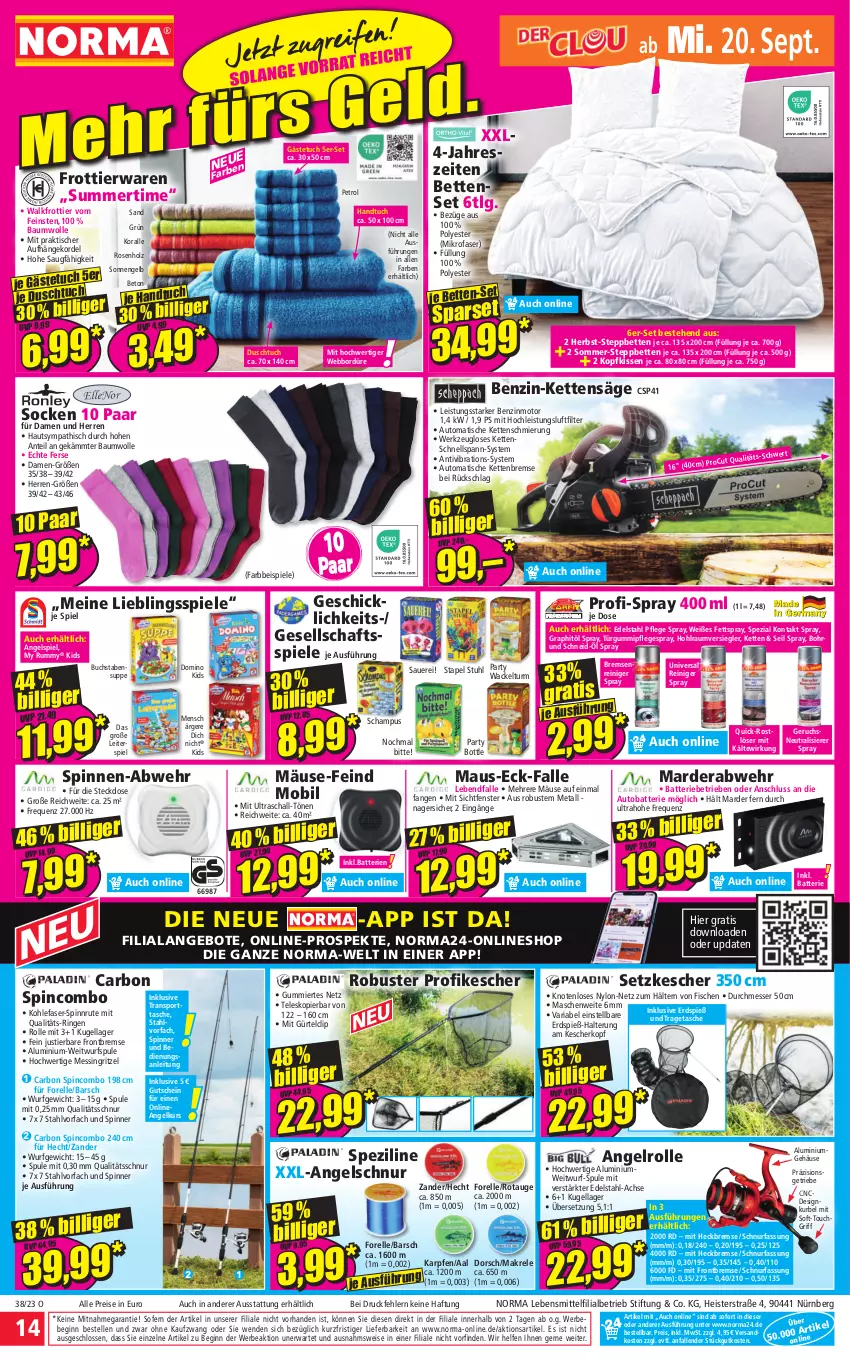 Aktueller Prospekt Norma - Norma - von 18.09 bis 25.09.2023 - strona 14 - produkty: angebot, angebote, auer, auto, batterie, batterien, Bau, baumwolle, Bebe, bett, Betten, buch, Dorsch, duschtuch, edelstahl, eis, elle, Engel, fenster, fisch, fische, forelle, gästetuch, gin, gutschein, handtuch, Holz, Kescher, Kette, kissen, kopfkissen, Kugel, lebensmittel, LG, Makrele, Marderabwehr, Maus, messer, mikrofaser, ndk, Pflegespray, reiniger, reis, rel, Ria, ring, rosen, rum, säge, Schal, socken, Spezi, Spiele, Sport, steckdose, steppbett, Stier, stuhl, suppe, Tasche, Teleskop, Ti, tisch, tragetasche, tuc, werkzeug, wolle, Zander