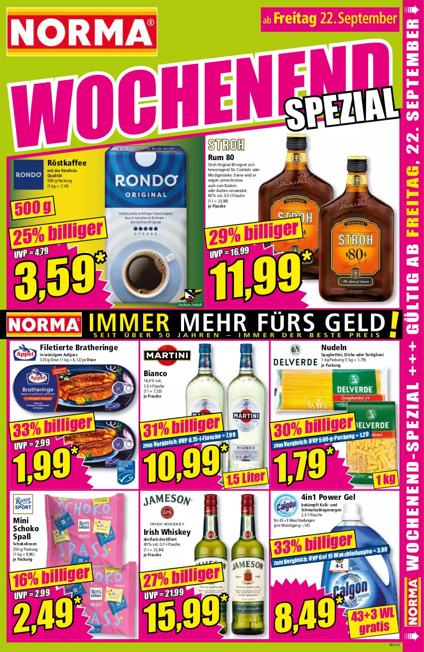 Aktueller Prospekt Norma - Norma - von 18.09 bis 25.09.2023 - strona 15 - produkty: Bratheringe, cocktail, cocktails, filet, Filetierte Bratheringe, flasche, getränk, getränke, gin, hering, irish whiskey, kaffee, linsen, lion, nudel, nudeln, ring, rum, rwe, schoko, Schokolinsen, spaghetti, Ti, whiskey