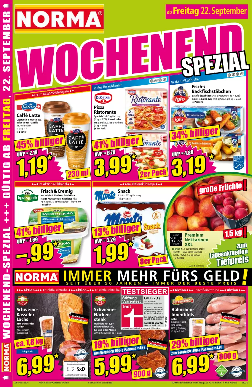 Aktueller Prospekt Norma - Norma - von 18.09 bis 25.09.2023 - strona 16 - produkty: ACC, backfisch, Becher, bier, braten, caffè latte, Cap, cappuccino, chia, cin, eis, filet, filets, fisch, fischstäbchen, fleisch, frischkäse, früchte, gin, grill, HP, Käse, kasseler, kirsch, kräuter, kühlregal, lachs, latte, lebensmittel, mac, macchiato, mozzarella, Nackensteak, nackensteaks, natur, Nektar, nektarinen, paprika, pfanne, pizza, regal, reis, rel, ristorante, saft, Schal, Schale, schwein, schweine, schweinenacken, snack, steak, steaks, Ti, tiefpreis, tisch, wein, weine