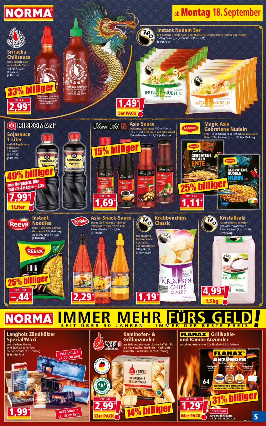 Aktueller Prospekt Norma - Norma - von 18.09 bis 25.09.2023 - strona 5 - produkty: ananas, anzünder, beutel, braten, chili, chips, eis, elle, ente, flasche, fleisch, grill, grillanzünder, Grillkohle, Holz, hühner, Kamin, Kaminofen, kraft, Kristallsalz, mac, mit gemüse, natur, ndk, nerf, nudel, nudeln, Ofen, rind, rindfleisch, salz, sauce, snack, snacks, soja, sojasauce, Spezi, Sriracha, Ti, wok