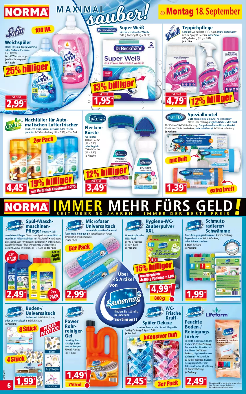 Aktueller Prospekt Norma - Norma - von 18.09 bis 25.09.2023 - strona 6 - produkty: Allzweckbeutel, apfel, Apple, auer, auto, basilikum, beutel, bio, biozidprodukte, Bodentücher, bree, Brei, bürste, citrus, flasche, HP, kosmetik, kraft, laminat, limette, lufterfrischer, Maschinenpfleger, Mett, müllbeutel, Rauch, reifen, reiniger, Reinigung, reinigungstücher, rwe, Spezi, teppich, Ti, tisch, topf, tragegriff, tuc, tücher, waschmaschine, waschmaschinen, waschmittel, weck, weichspüler, Wild, wild berry