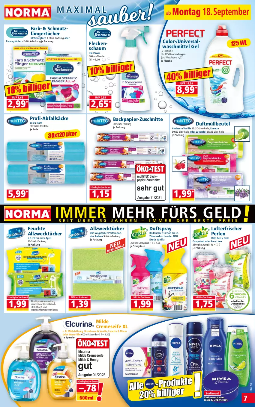 Aktueller Prospekt Norma - Norma - von 18.09 bis 25.09.2023 - strona 7 - produkty: Allzwecktücher, Alwa, apfel, beere, beutel, bio, biozidprodukte, Blüte, brombeere, citrus, creme, cremeseife, Duftspray, flasche, grapefruit, himbeer, himbeere, honig, lavendel, limette, lufterfrischer, Mett, milch, minze, müllbeutel, papier, perlen, Rauch, rwe, Seife, Ti, tuc, tücher, vanille, waschmittel, wasser, weck, Wild, wild berry, zitrone, zitronen