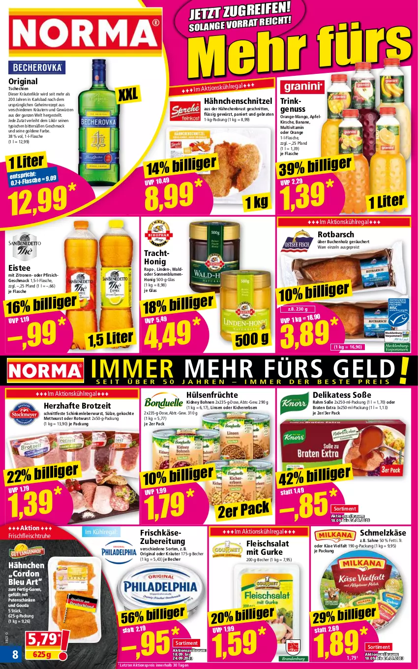 Aktueller Prospekt Norma - Norma - von 18.09 bis 25.09.2023 - strona 8 - produkty: aktionspreis, apfel, Bad, banane, Becher, blume, blumen, bohne, bohnen, braten, brot, buch, cordon bleu, eis, eistee, erbsen, flasche, fleisch, fleischsalat, frischkäse, frischkäsezubereitung, früchte, gewürz, gin, gouda, gurke, hähnchenbrust, Hähnchenschnitzel, Holz, honig, hülsenfrüchte, Käse, käse vielfalt, kichererbsen, kidney, kidney bohnen, kirsch, kirsche, kräuter, kräuterlikör, kräutern, kühlregal, leberwurst, likör, linsen, mac, mango, Mett, mettwurst, nuss, oder kräuter, orange, pfirsich, pute, Putenschinken, regal, reis, rezept, Rotbarsch, Rotwurst, sahne, salat, schinken, Schmelzkäse, schnitten, schnitzel, senf, sonnenblume, sonnenblumen, Soße, tee, Ti, vita, wurst, zitrone, zitronen, ZTE