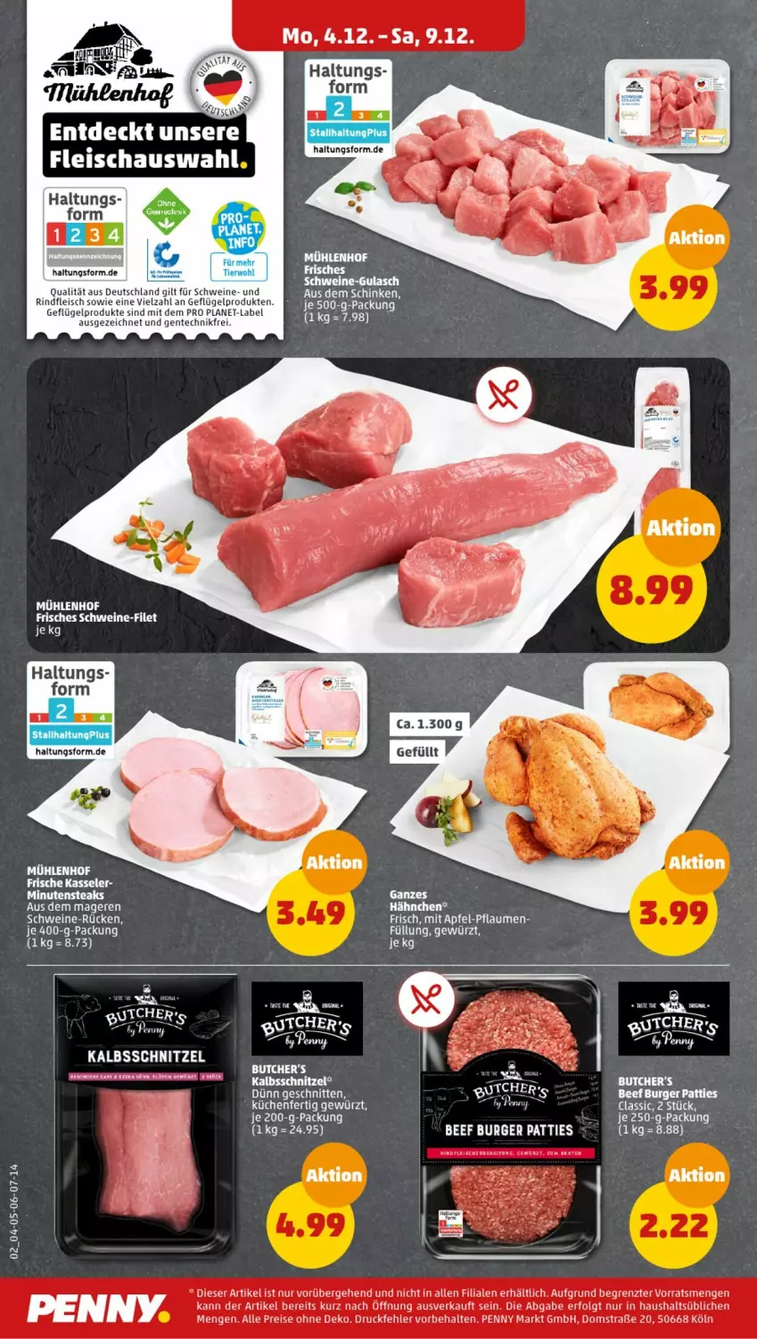 Aktueller Prospekt Penny - Prospekte - von 04.12 bis 09.12.2023 - strona 2 - produkty: apfel, beef, burger, eis, ente, fleisch, Geflügel, geflügelprodukte sind mit dem, gewürz, gin, jtc, kalbsschnitzel, kasseler, LG, pflaume, pflaumen, reis, rind, rindfleisch, schnitten, schnitzel, schwein, schweine, tee, Ti, wein, weine, ZTE