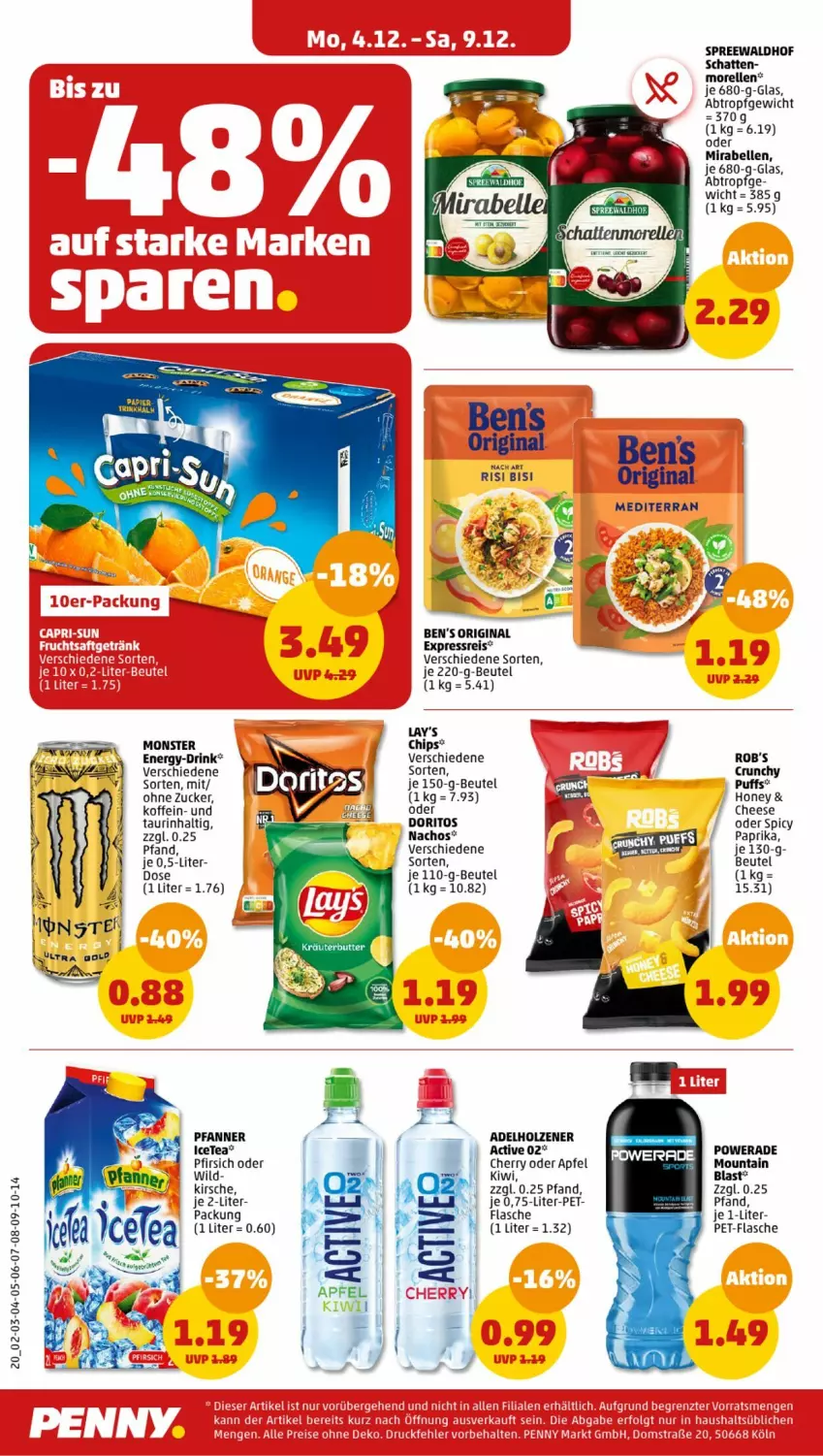 Aktueller Prospekt Penny - Prospekte - von 04.12 bis 09.12.2023 - strona 20 - produkty: adelholzener, apfel, Ben’s Original, beutel, chips, Doritos, drink, eis, elle, flasche, gin, Holz, kirsch, kirsche, kiwi, lay's, monster, morellen, nacho, Nachos, paprika, pet-flasche, pfanne, Pfanner, pfirsich, reis, rel, spreewaldhof, Ti, Wild, zucker