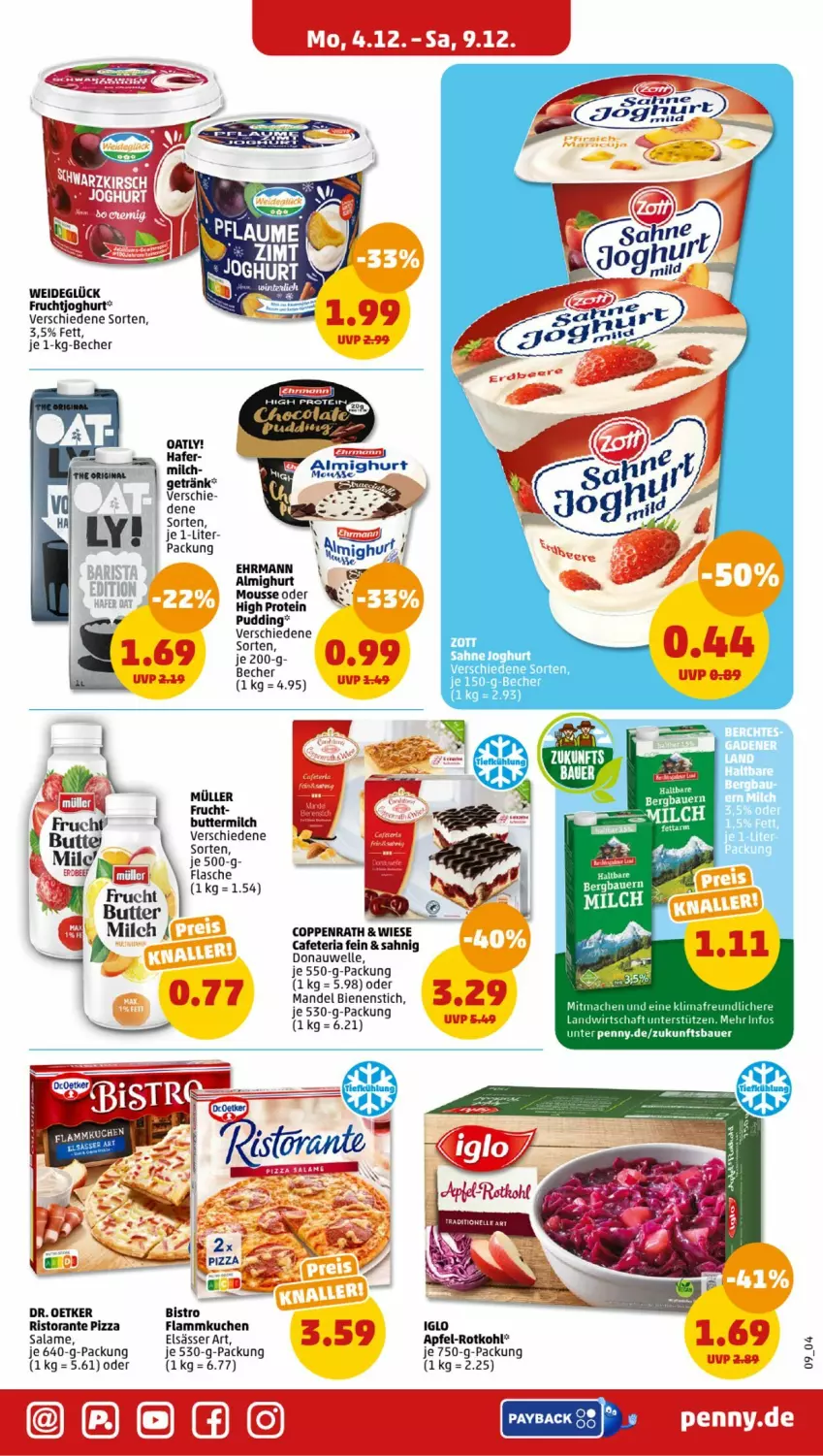 Aktueller Prospekt Penny - Prospekte - von 04.12 bis 09.12.2023 - strona 9 - produkty: almighur, almighurt, apfel, auer, Bau, Bauer, Becher, butter, buttermilch, coppenrath, Dr. Oetker, ehrmann, elle, elsässer art, flammkuchen, flasche, frucht, fruchtjoghurt, getränk, iglo, joghur, joghurt, kuchen, lamm, mac, mandel, milch, mousse, Müller, payback, pizza, pudding, Ria, ristorante, ristorante pizza, rotkohl, Ti, zott