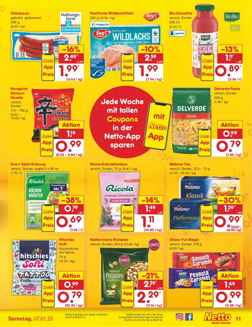 Aktueller Prospekt Netto Marken-Discount - Filial-Angebote - von 02.01 bis 07.01.2023 - strona 11 - produkty: angebot, bestpreis, bio, bonbons, Cabanossi, cola, coupon, coupons, eis, erde, filet, filets, fisch, fische, knorr, kräuter, lachs, lachsfilet, lachsfilets, Meßmer, pasta, pistazien, reis, Ricola, riegel, salat, smoothie, tee, Ti, Wild, wildlachs, ZTE