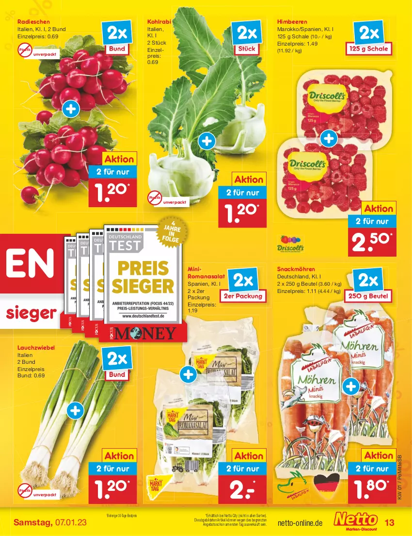 Aktueller Prospekt Netto Marken-Discount - Filial-Angebote - von 02.01 bis 07.01.2023 - strona 13 - produkty: angebot, asti, beere, beeren, bestpreis, beutel, eis, himbeer, himbeere, himbeeren, kohlrabi, Lauchzwiebel, möhren, radieschen, reis, Romanasalat, salat, Schal, Schale, snack, Ti, ZTE, zwiebel