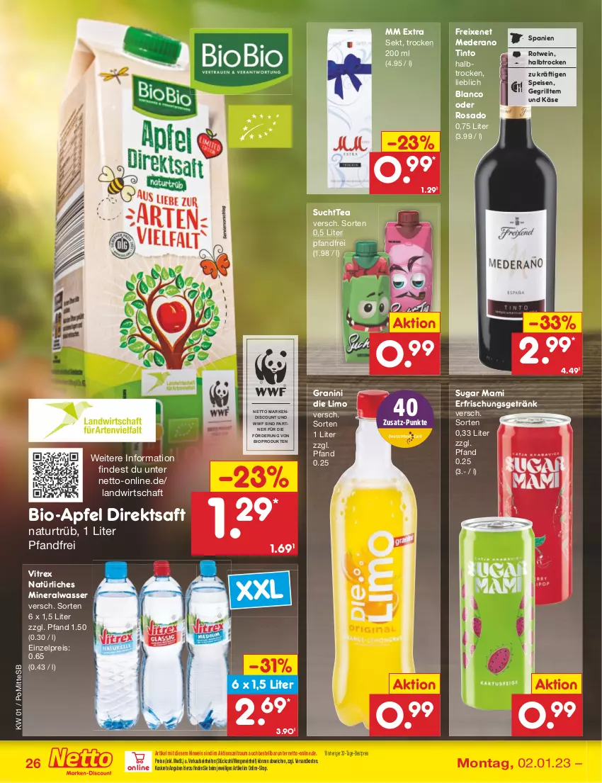 Aktueller Prospekt Netto Marken-Discount - Filial-Angebote - von 02.01 bis 07.01.2023 - strona 26 - produkty: Alwa, apfel, bestpreis, bio, direktsaft, discount, eis, erfrischungsgetränk, freixenet, getränk, granini, granini die limo, grill, Käse, limo, mam, mineralwasser, mm extra, natur, natürliches mineralwasser, ndk, reis, rotwein, saft, sekt, Ti, vitrex, wasser, wein