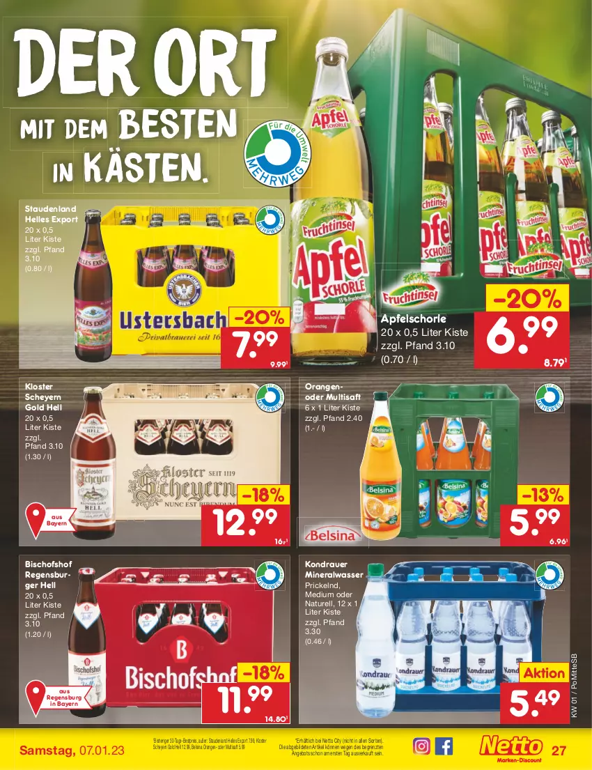 Aktueller Prospekt Netto Marken-Discount - Filial-Angebote - von 02.01 bis 07.01.2023 - strona 27 - produkty: Alwa, angebot, apfel, Apfelschorle, auer, bestpreis, burger, eis, elle, mineralwasser, natur, orange, orangen, regensburger, reis, rel, saft, schorle, stauden, Ti, wasser, ZTE