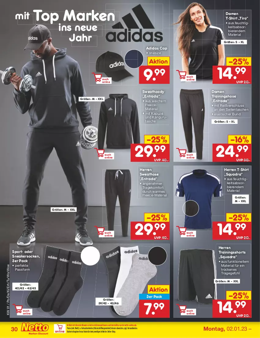 Aktueller Prospekt Netto Marken-Discount - Filial-Angebote - von 02.01 bis 07.01.2023 - strona 30 - produkty: Adidas, asti, bier, Biere, Cap, damen t-shirt, eis, elle, hose, ndk, quad, reis, Ria, shirt, shorts, sneaker, sneakersocken, socken, Sport, Sweathose, T-Shirt, Tasche, taschen, Ti, tisch, Trainingshose